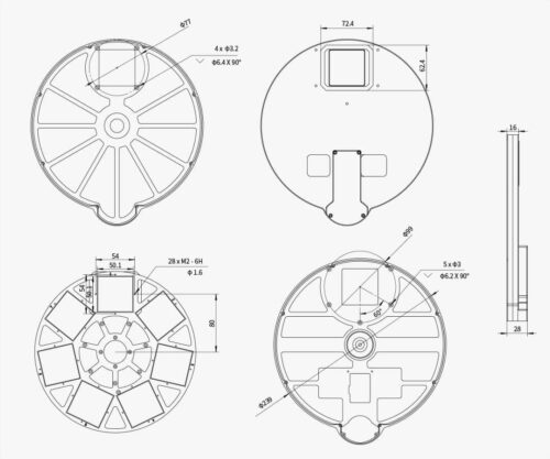 zwo-efw-7x50-6-electronic-filter-wheel-50x50-drawing-1000 Rueda portafiltros ZWO EFW 7 posiciones (50x50 mm)