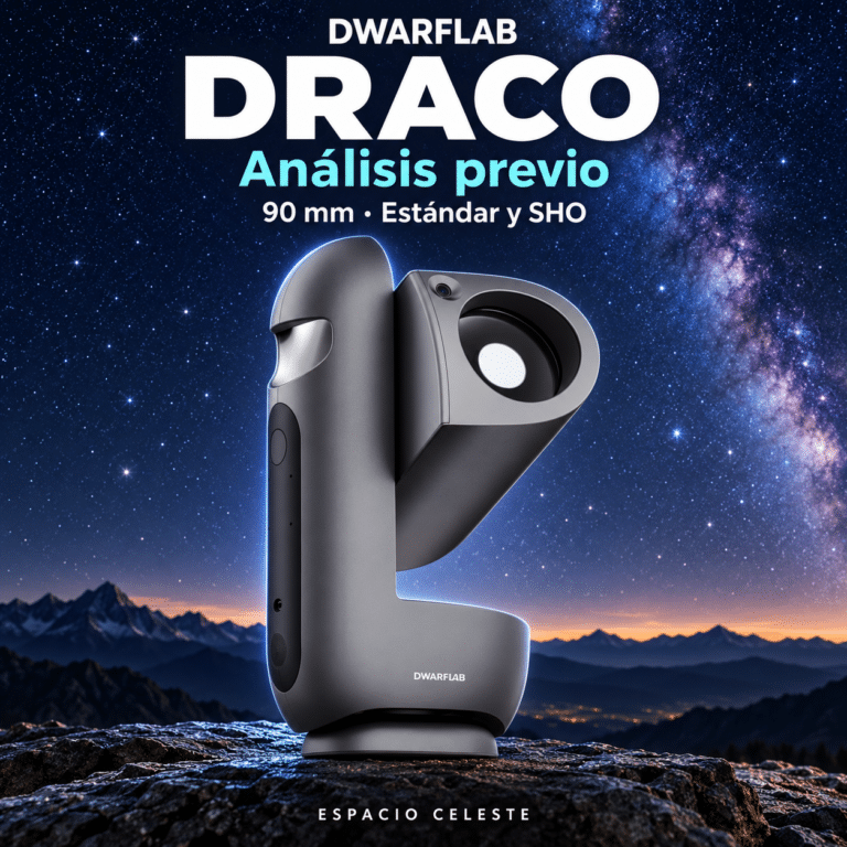Telescopio DWARFLAB DRACO sobre un fondo de cielo estrellado