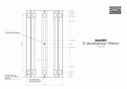 Cola de milano Baader tipo Losmandy (3") 190 mm plana para Baader y TEC